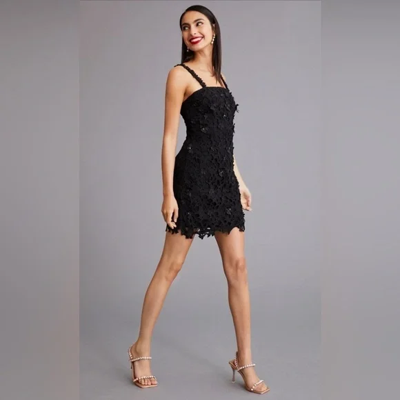 Anthropologie Pankaj & Nidhi Black Floral Appliqué Lace Mini Dress Size XS - Picture 2 of 7